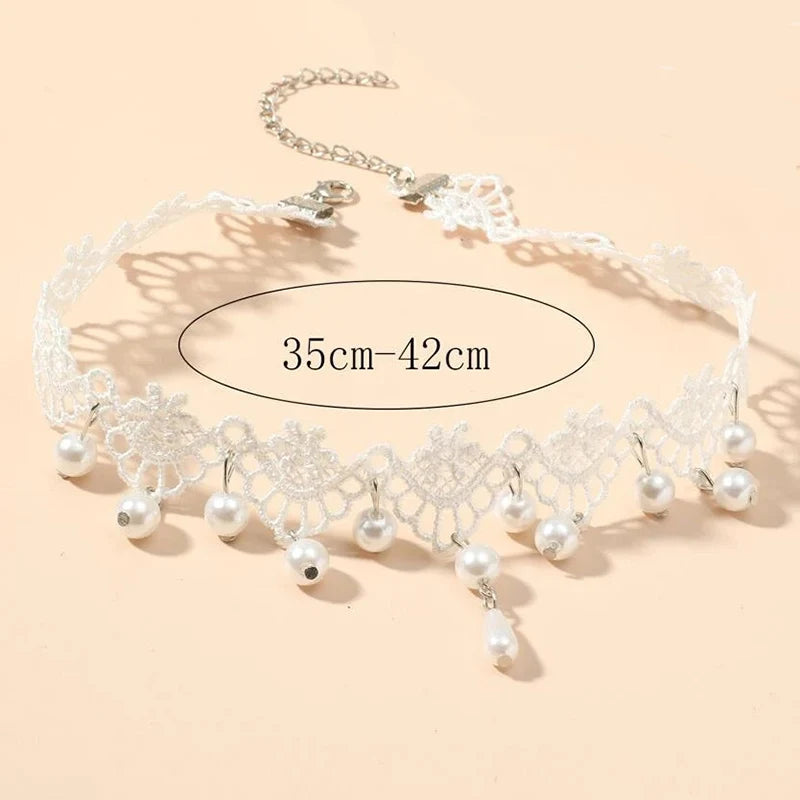 Women’s Gothic Lace Choker with Pearl Tassel Pendant – Vintage Boho Jewelry