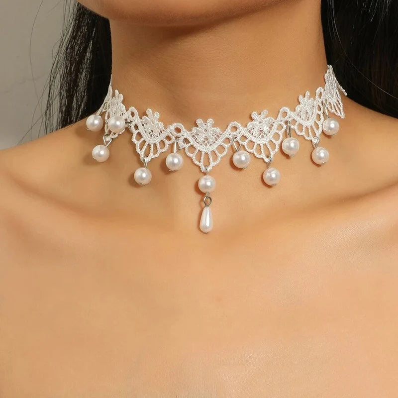 Women’s Gothic Lace Choker with Pearl Tassel Pendant – Vintage Boho Jewelry