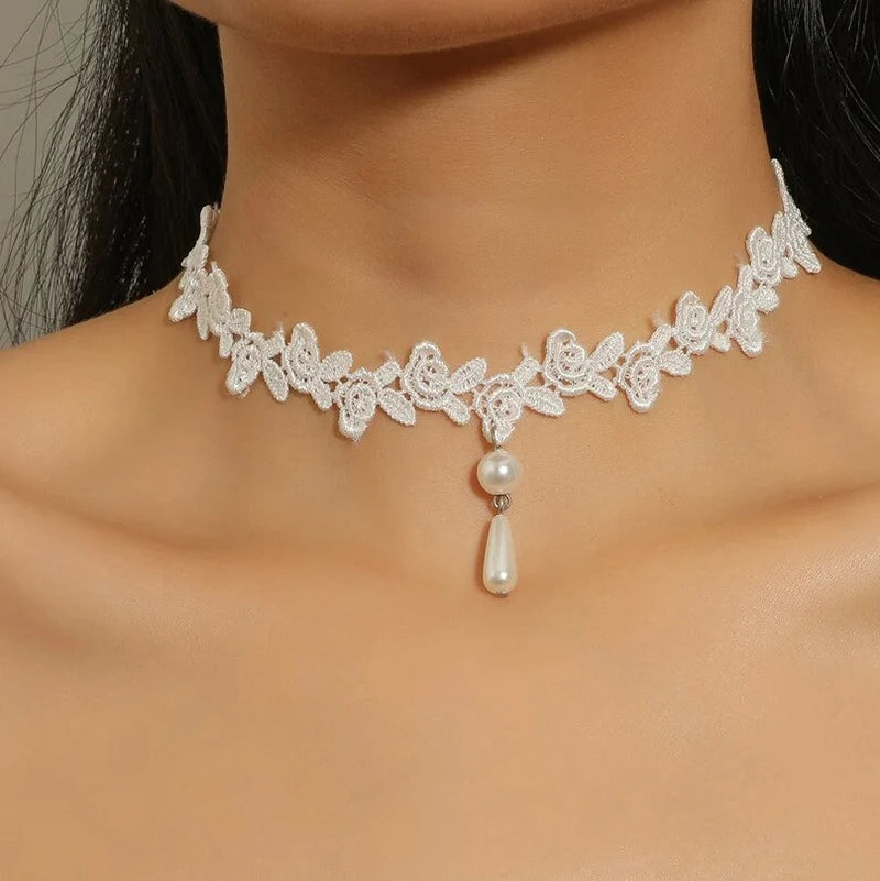 Women’s Gothic Lace Choker with Pearl Tassel Pendant – Vintage Boho Jewelry