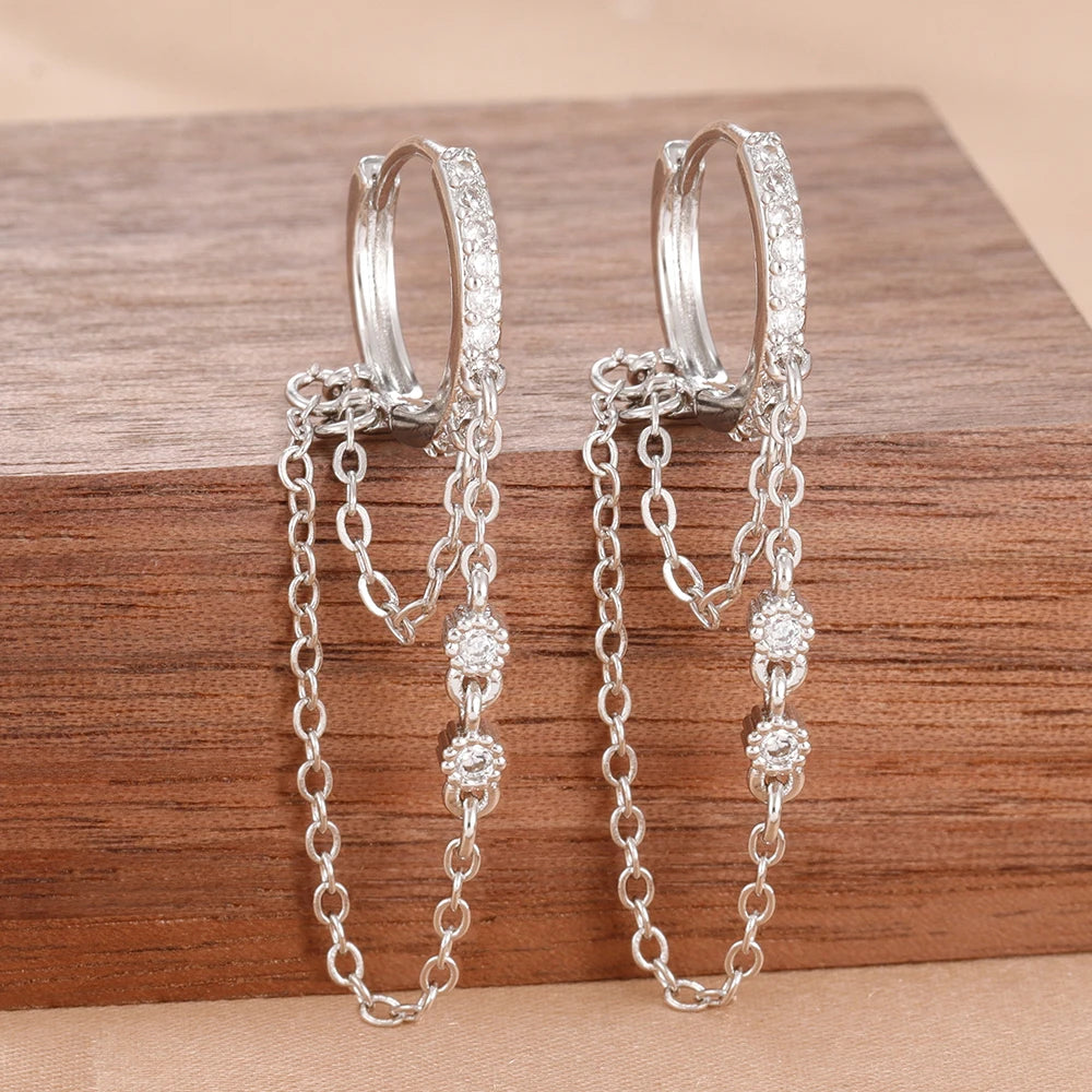 Women’s 14K Gold-Plated Crystal Water Drop Chain Earrings – Stainless Steel Dangle Jewelry