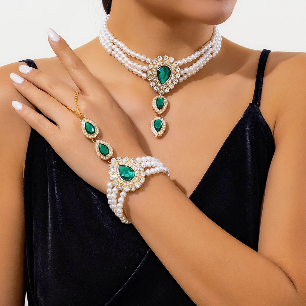 Elegant Layered Pearl Necklace & Bracelet Set with Teardrop Rhinestones for Women