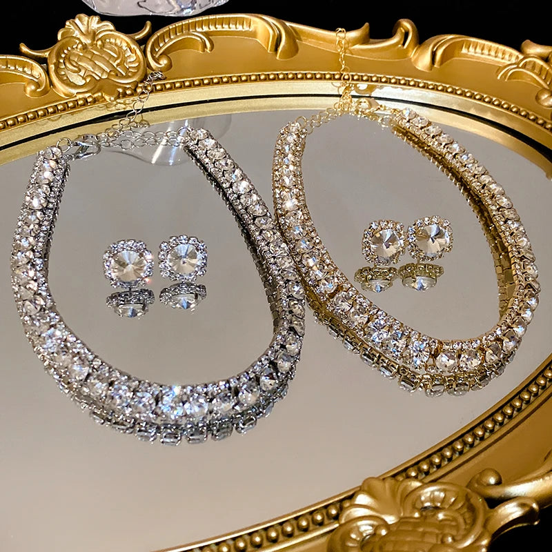 Women’s Luxury Green Crystal Choker Necklace & Stud Earrings Set – Wedding and Banquet Jewelry