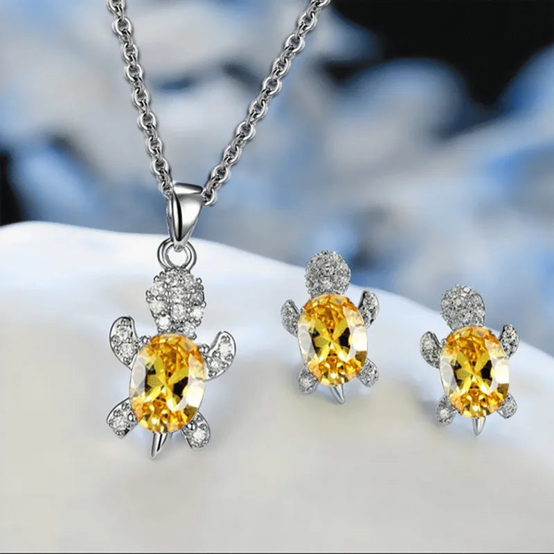 3-Piece Women’s Silver-Plated Turtle Necklace & Earrings Set – Multicolor Crystal Jewelry