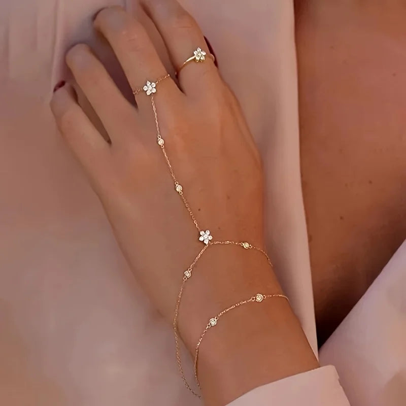 Women’s Sparkling Zircon Flower Double-Layer Hand Chain Bracelet – Adjustable Ring Bracelet Jewelry