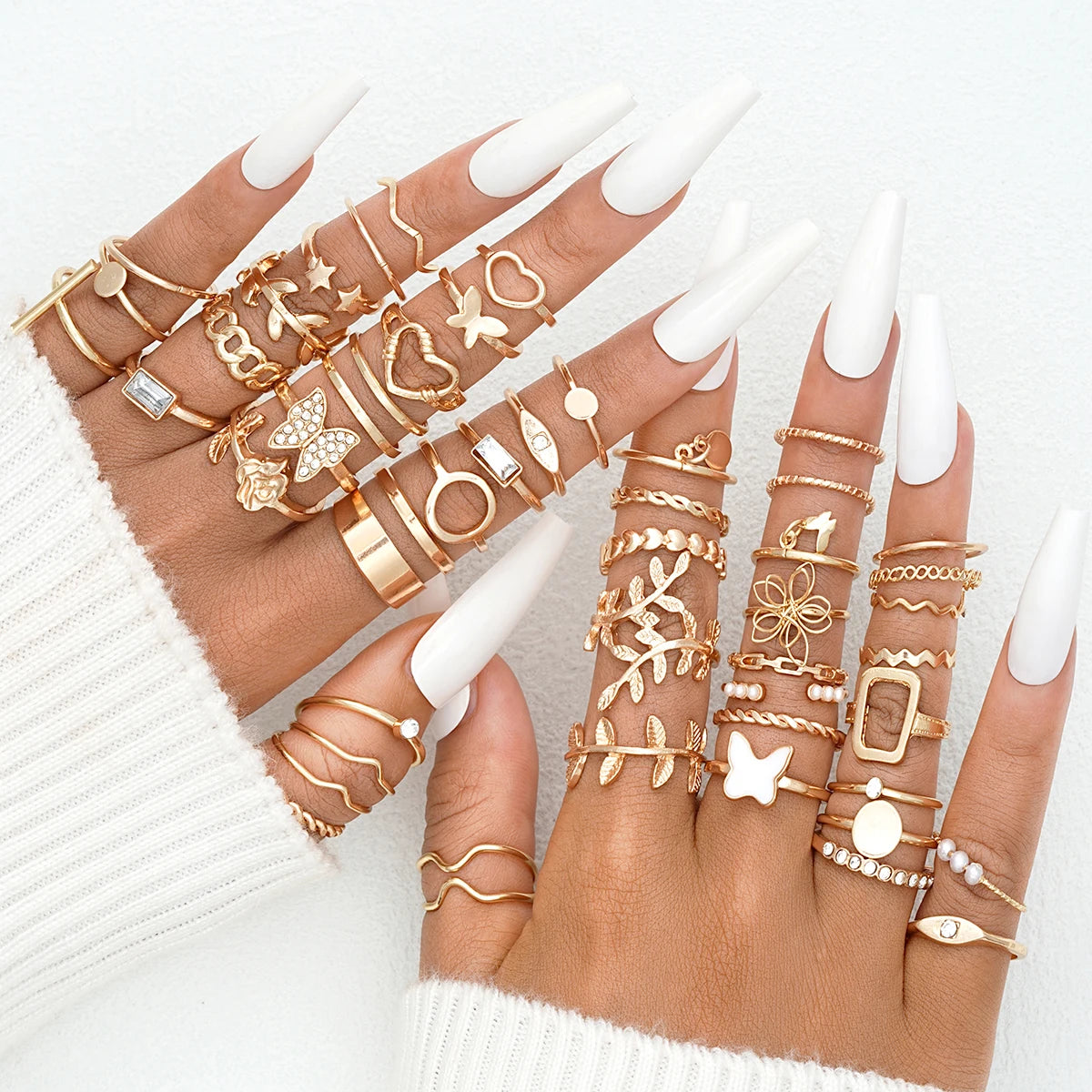 58-Piece Vintage Gold-Plated Ring Set for Women – Heart, Snake & Butterfly Designs