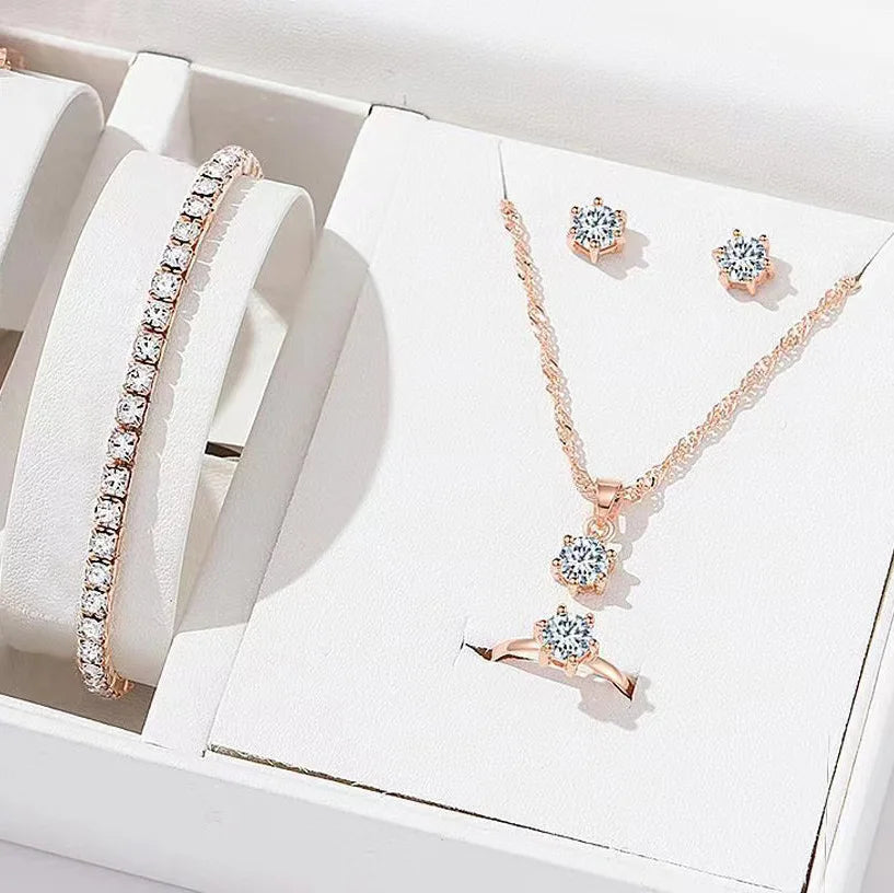 5-Piece Women’s Crystal Jewelry Set – Zirconia Necklace, Bracelet, Ring & Earrings for Weddings and Parties