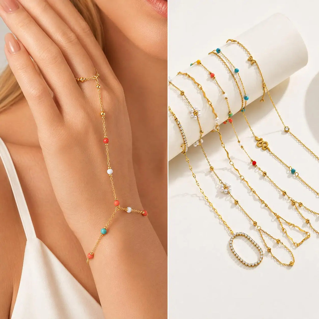 Women’s 18K Gold-Plated Ring Bracelet Hand Chain – Waterproof Beaded Bohemian Jewelry
