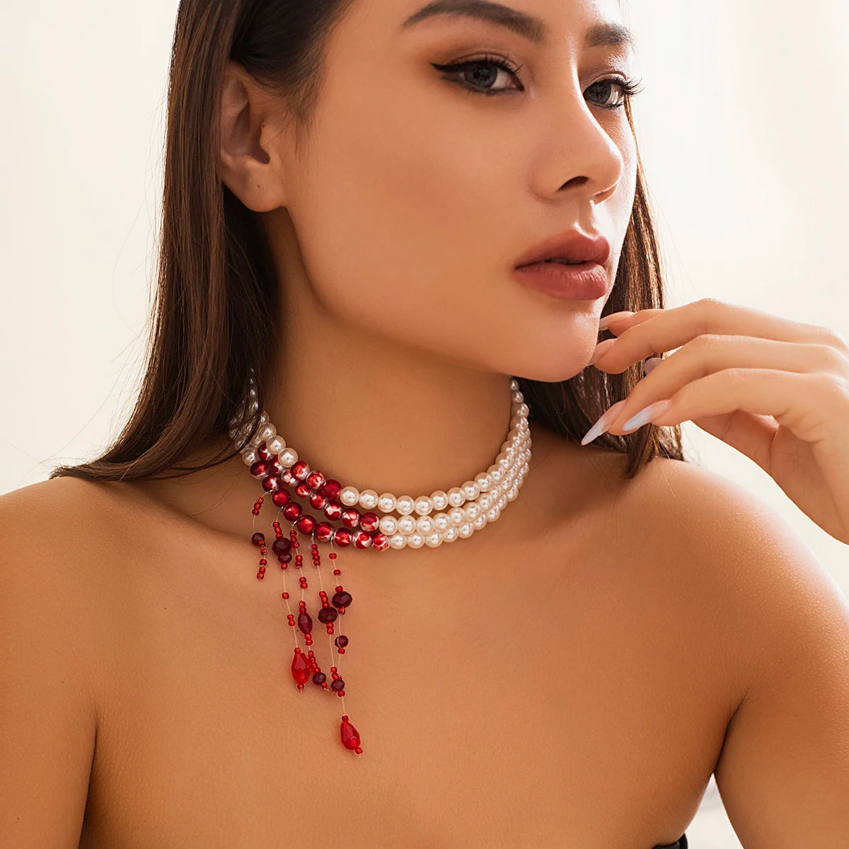 Vintage Gothic Red Crystal & Pearl Layered Necklace