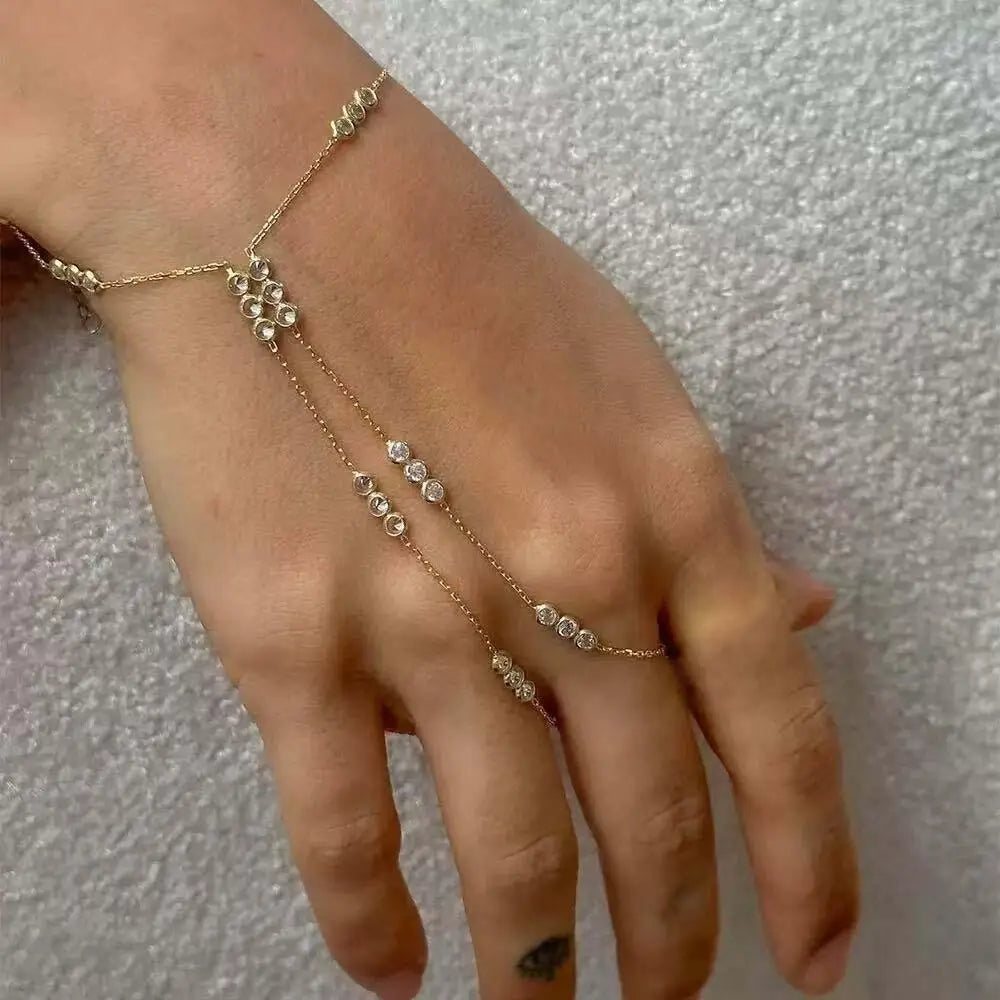 Women’s Vintage Gold-Tone Double-Layer Hand Chain Bracelet – Cubic Zirconia Ring Jewelry