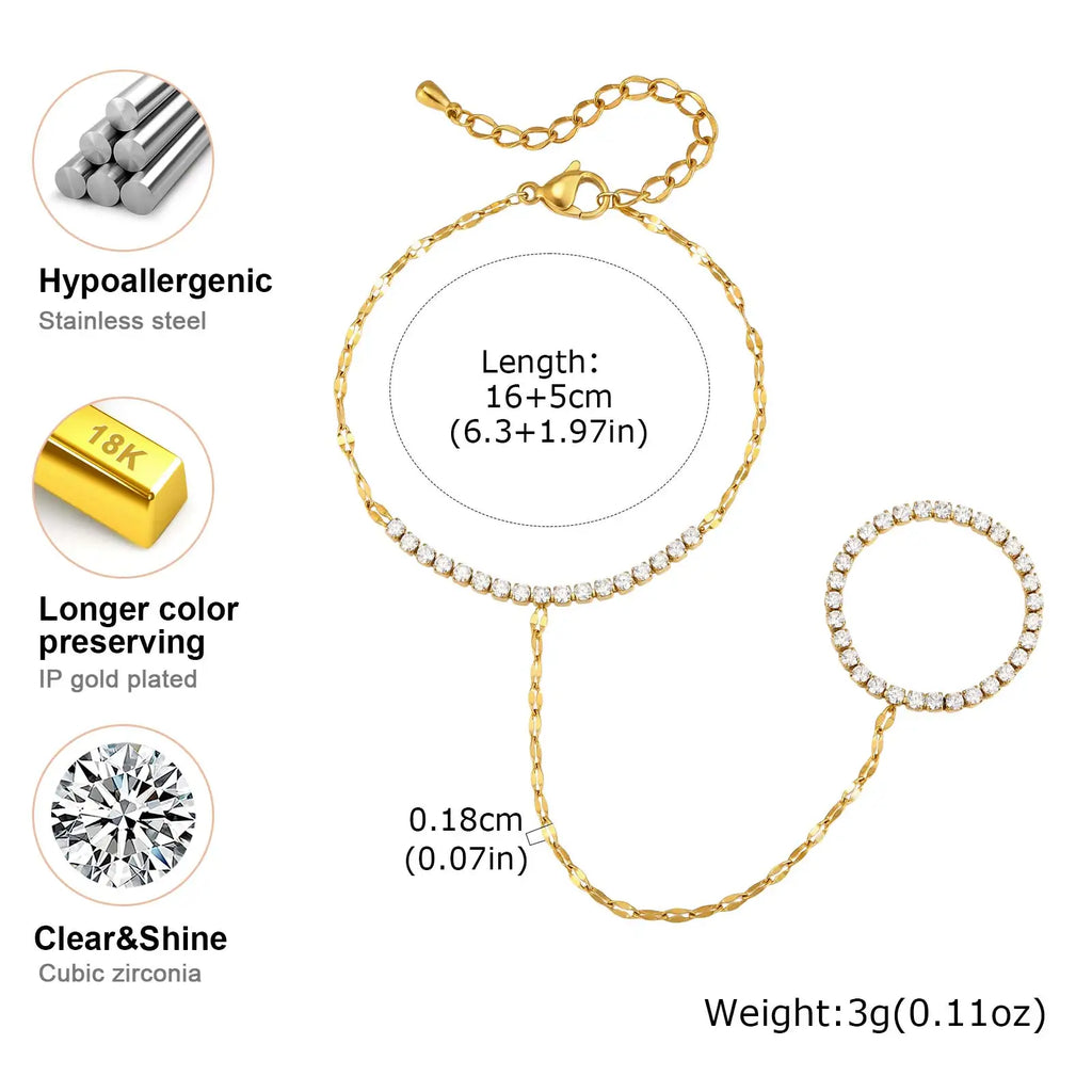Women’s 18K Gold-Plated Ring Bracelet Hand Chain – Waterproof Beaded Bohemian Jewelry