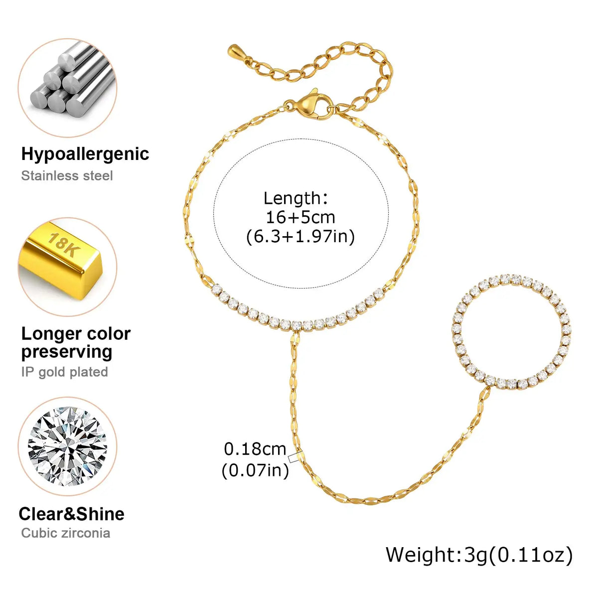 Women’s 18K Gold-Plated Ring Bracelet Hand Chain – Waterproof Beaded Bohemian Jewelry