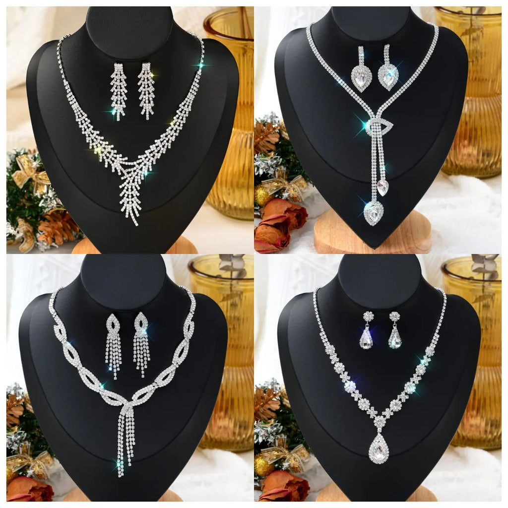 Women’s Stone-Inlaid Necklace & Earrings Set – Elegant Copper Jewelry for Weddings and Parties