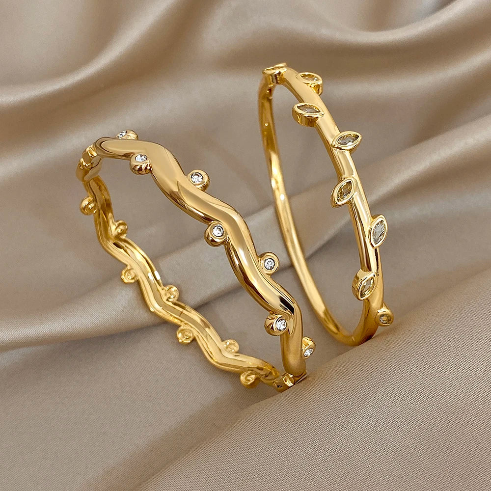 Women’s 18K Gold-Plated Rhinestone Leaf Wave Cuff Bracelet – Water-Resistant Jewelry