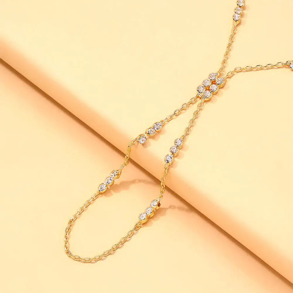 Women’s Vintage Gold-Tone Double-Layer Hand Chain Bracelet – Cubic Zirconia Ring Jewelry