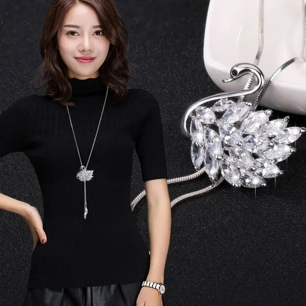 Women’s Choker Necklace with Silver-Tone Long Chain Pendant