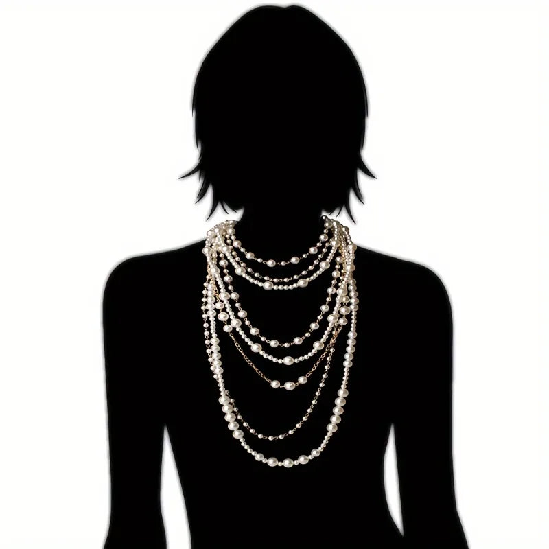Women’s Multi-Layer Pearl Long Necklace & Earrings Set – Statement Jewelry