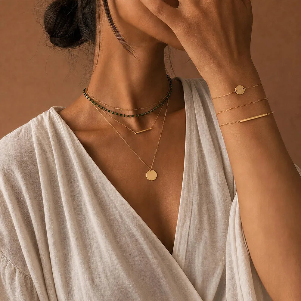 Green Beaded Layered Necklace Set with Disc & Bar Pendants – Gold-Tone Stainless Steel