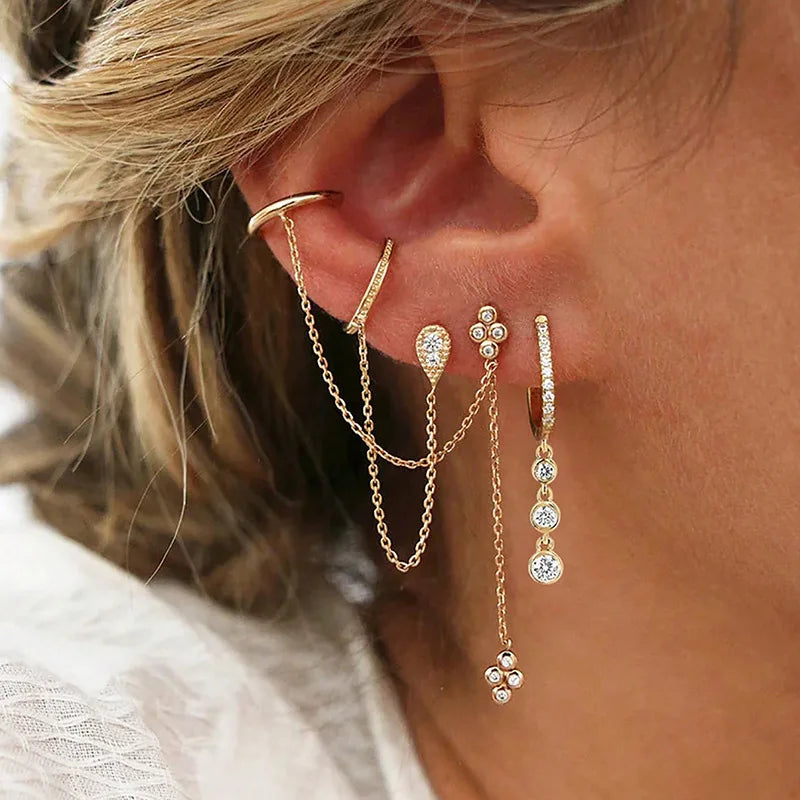 Women’s 14K Gold-Plated Crystal Water Drop Chain Earrings – Stainless Steel Dangle Jewelry