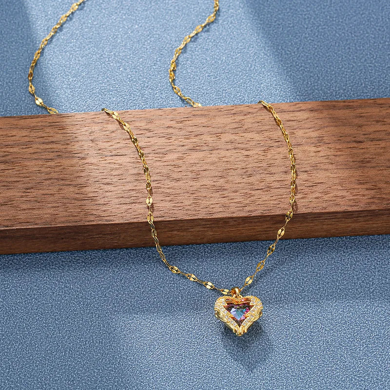 Colorful Crystal Ocean Heart Pendant Necklace for Women