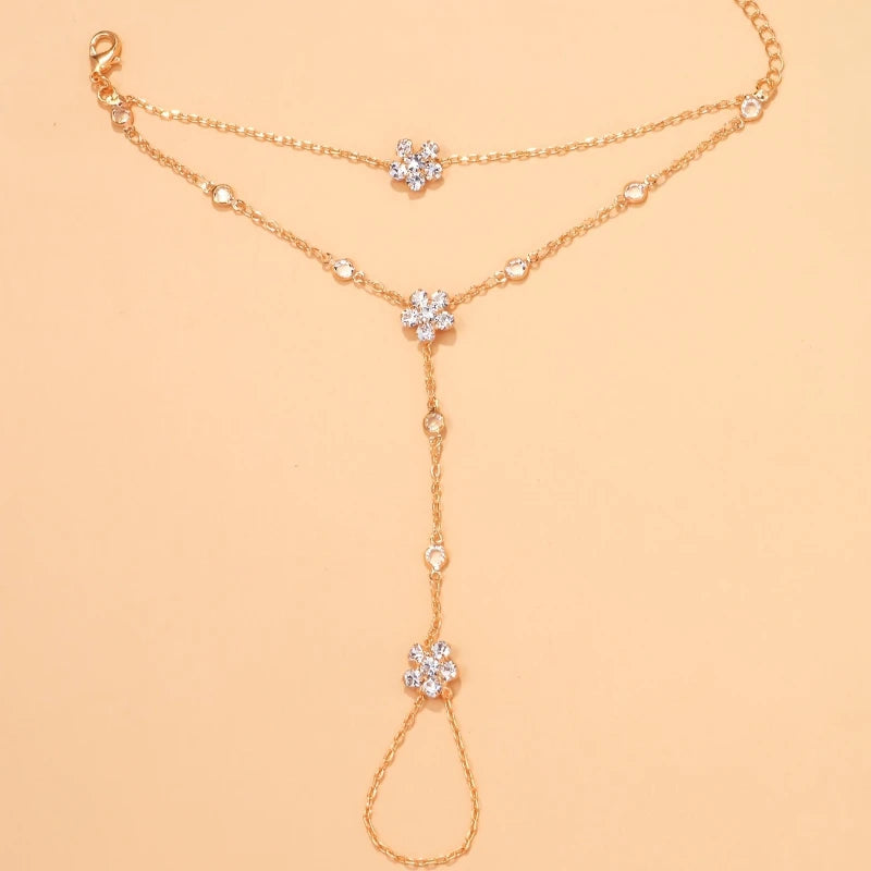 Women’s Sparkling Zircon Flower Double-Layer Hand Chain Bracelet – Adjustable Ring Bracelet Jewelry