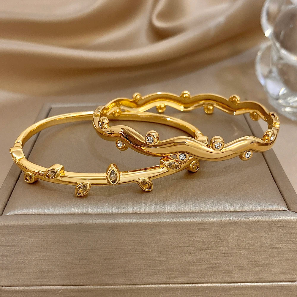 Women’s 18K Gold-Plated Rhinestone Leaf Wave Cuff Bracelet – Water-Resistant Jewelry