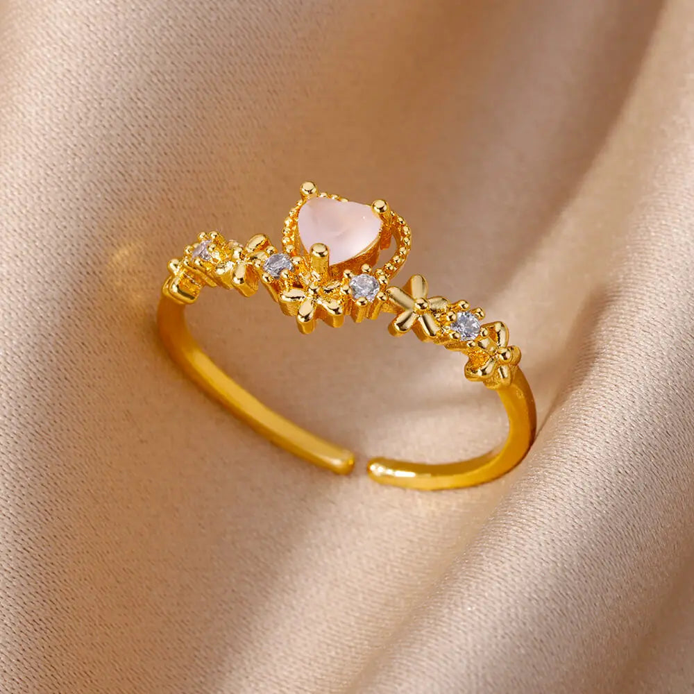 Women’s Adjustable Zircon Heart Ring – Elegant Stainless Steel Wedding Jewelry