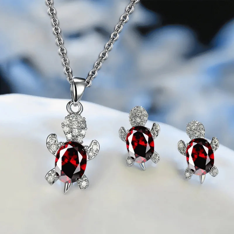 3-Piece Women’s Silver-Plated Turtle Necklace & Earrings Set – Multicolor Crystal Jewelry