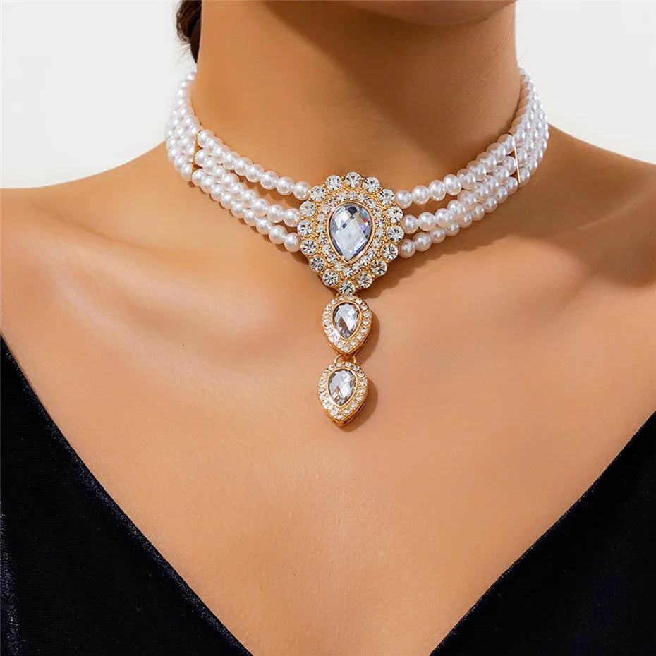 Elegant Layered Pearl Necklace & Bracelet Set with Teardrop Rhinestones for Women