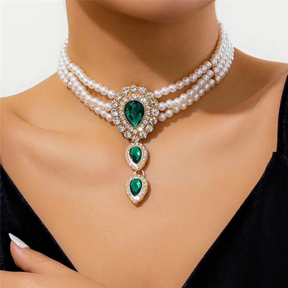 Elegant Layered Pearl Necklace & Bracelet Set with Teardrop Rhinestones for Women