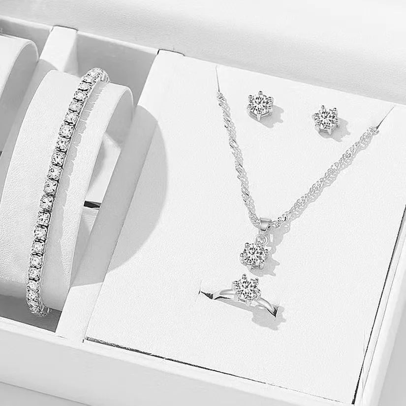 5-Piece Women’s Crystal Jewelry Set – Zirconia Necklace, Bracelet, Ring & Earrings for Weddings and Parties