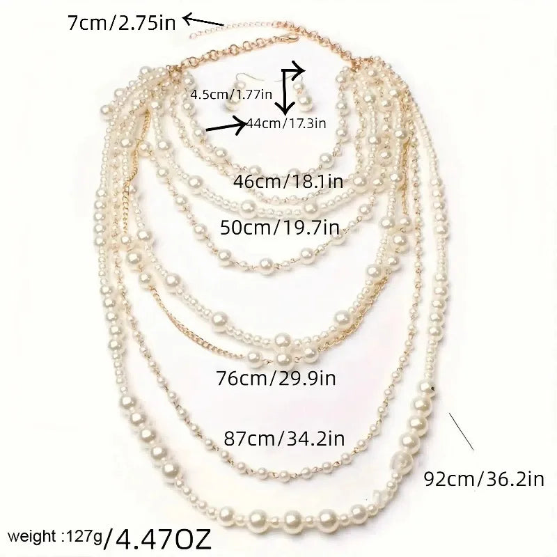 Women’s Multi-Layer Pearl Long Necklace & Earrings Set – Statement Jewelry