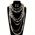 Women’s Multi-Layer Pearl Long Necklace & Earrings Set – Statement Jewelry