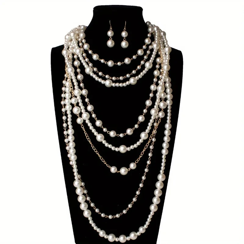 Women’s Multi-Layer Pearl Long Necklace & Earrings Set – Statement Jewelry