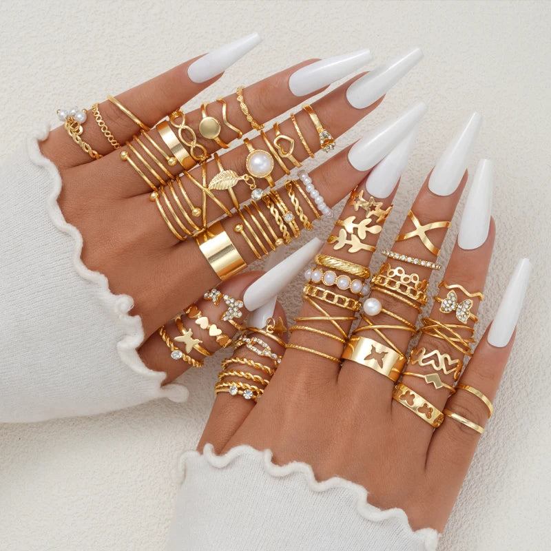 58-Piece Vintage Gold-Plated Ring Set for Women – Heart, Snake & Butterfly Designs