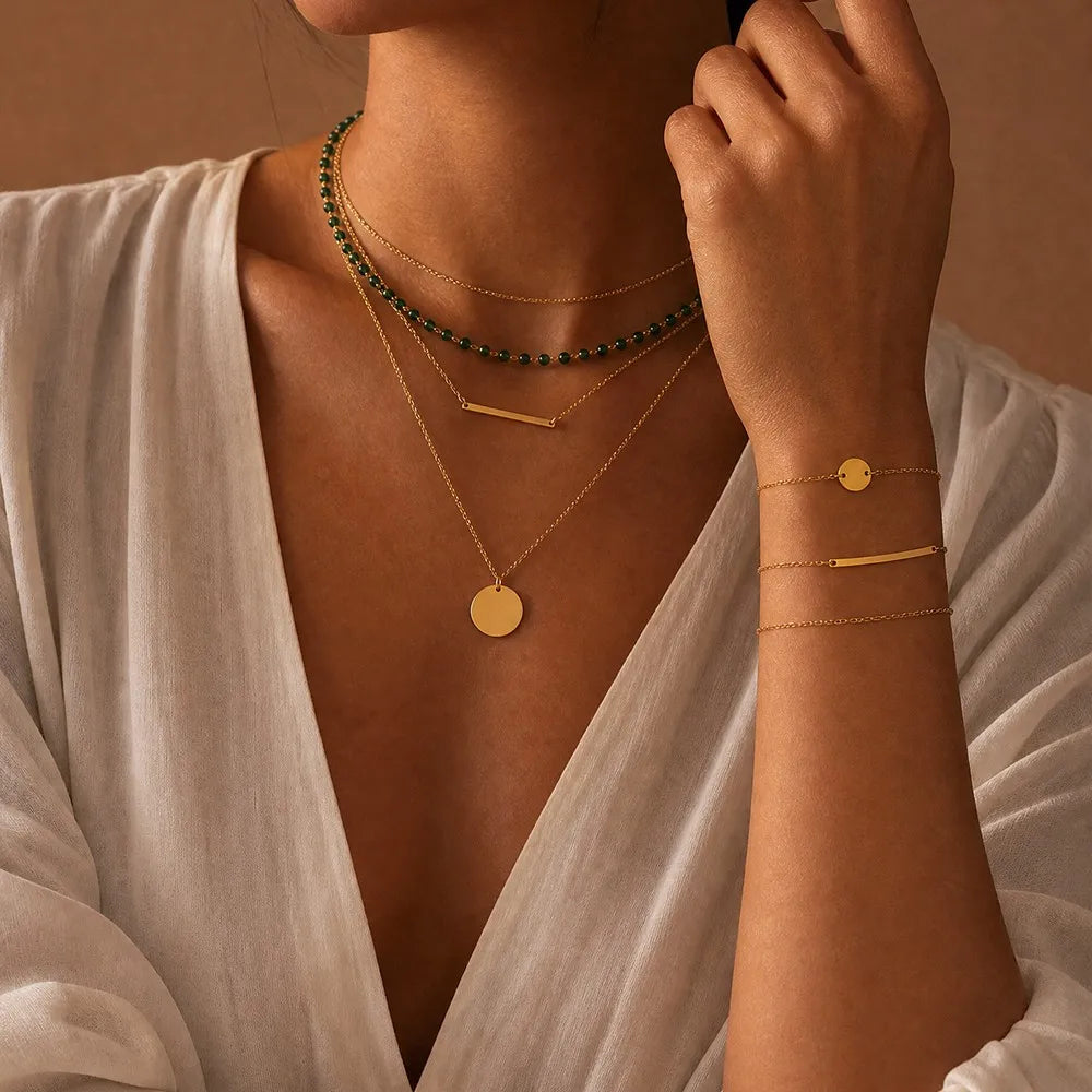 Green Beaded Layered Necklace Set with Disc & Bar Pendants – Gold-Tone Stainless Steel