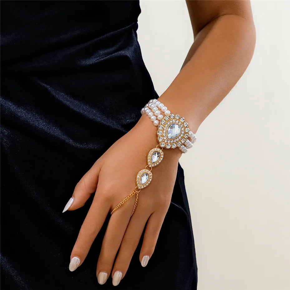Elegant Layered Pearl Necklace & Bracelet Set with Teardrop Rhinestones for Women