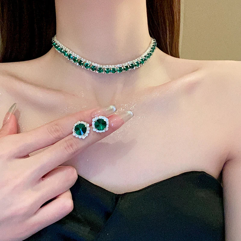 Women’s Luxury Green Crystal Choker Necklace & Stud Earrings Set – Wedding and Banquet Jewelry