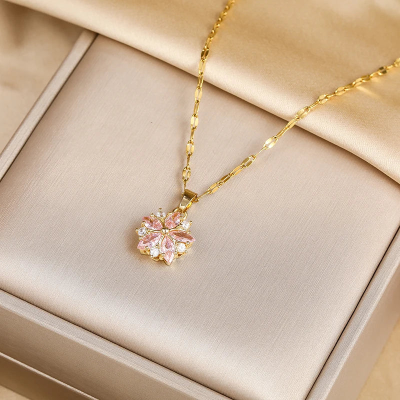 Women’s Pink Sakura Flower Pendant Necklace – Romantic Korean-Style Jewelry Gift