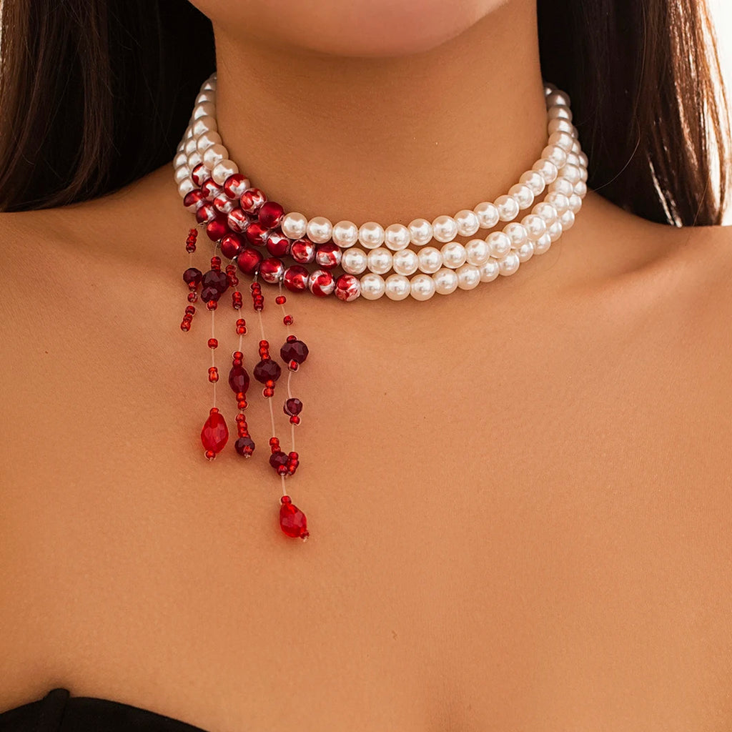 Vintage Gothic Red Crystal & Pearl Layered Necklace