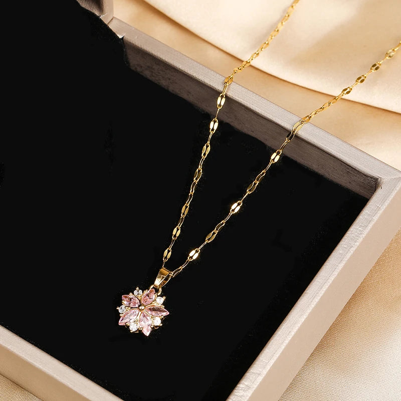 Women’s Pink Sakura Flower Pendant Necklace – Romantic Korean-Style Jewelry Gift