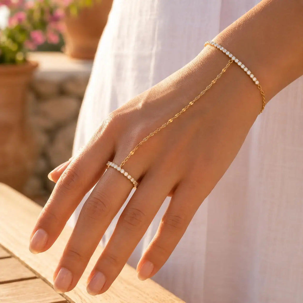 Women’s 18K Gold-Plated Ring Bracelet Hand Chain – Waterproof Beaded Bohemian Jewelry