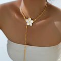 Women’s Long Pearl Tassel Necklace with Floral Pendant – Gold & White Jewelry