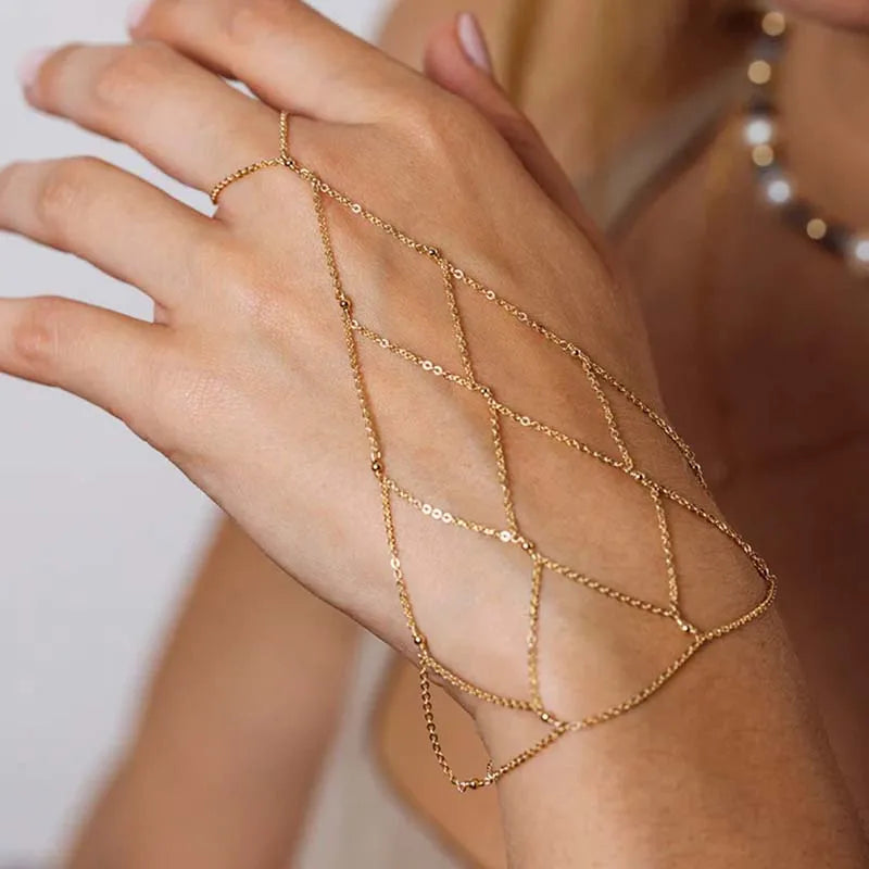 Women’s Bohemian Gold-Tone Mesh Hand Chain Bracelet – Rhinestone Beaded Ring Bracelet for Weddings