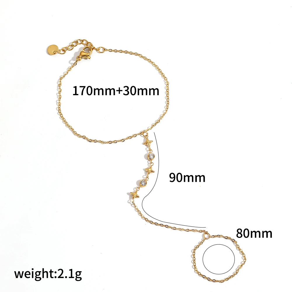 Women’s 18K Gold-Plated Zircon Ring Bracelet – Waterproof Stainless Steel Hand Chain Jewelry