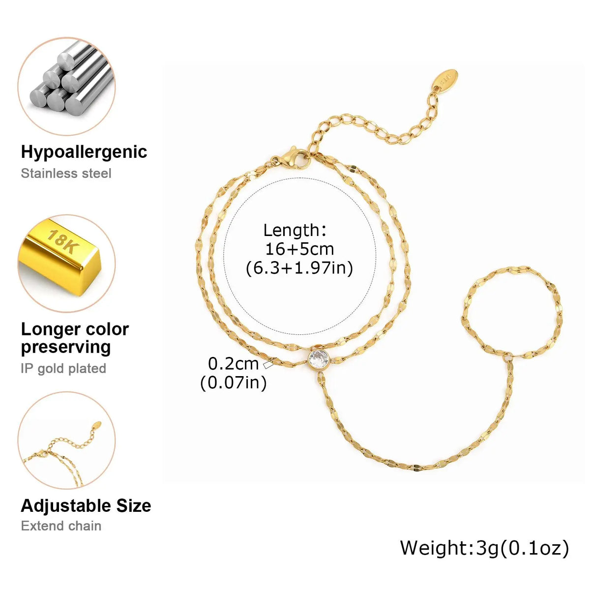 Women’s Gold-Plated Double-Layer Hand Chain Bracelet – Adjustable Ring Bracelet Jewelry