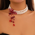 Vintage Gothic Red Crystal & Pearl Layered Necklace