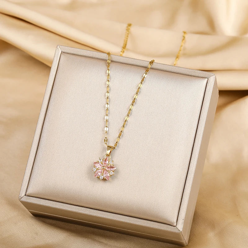 Women’s Pink Sakura Flower Pendant Necklace – Romantic Korean-Style Jewelry Gift