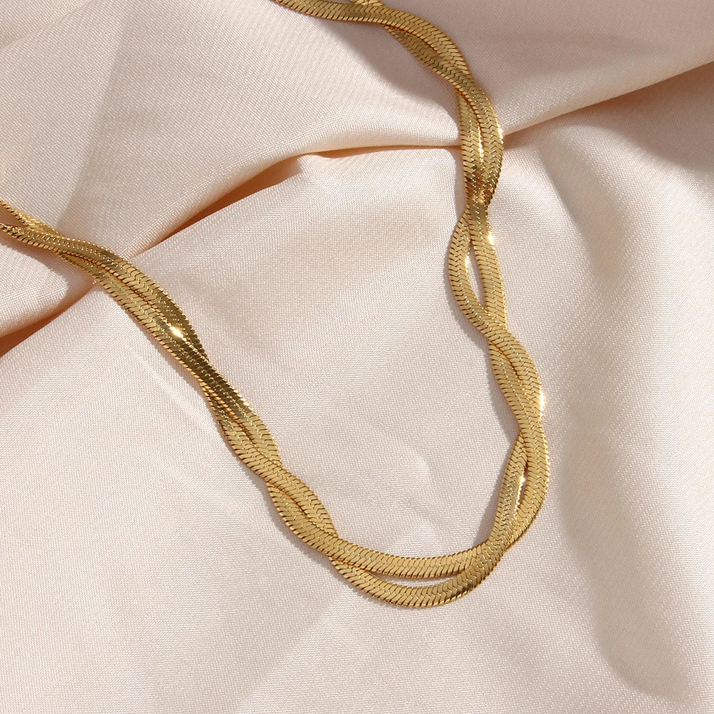 Women’s Gold-Plated Braided Herringbone Necklace & Bracelet Set – Water-Resistant Jewelry