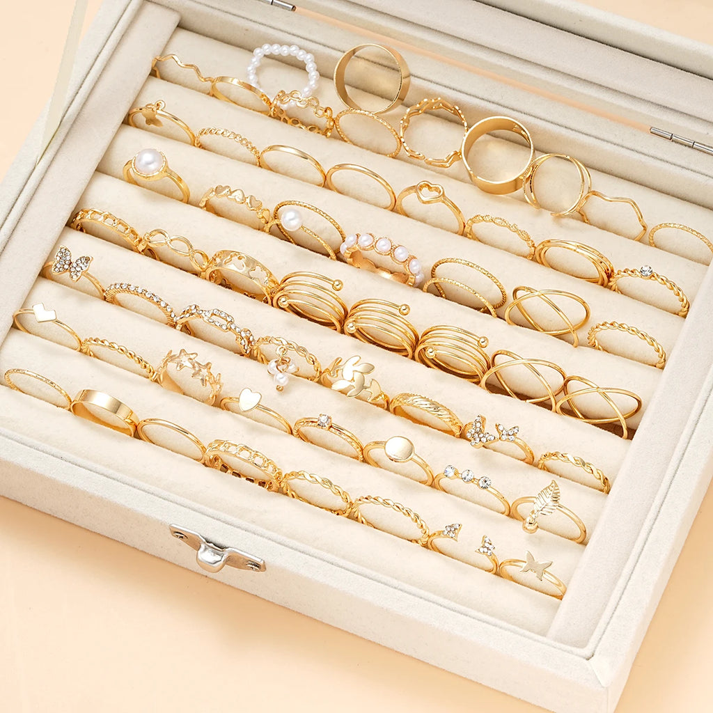 58-Piece Vintage Gold-Plated Ring Set for Women – Heart, Snake & Butterfly Designs