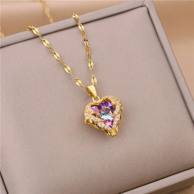 Colorful Crystal Ocean Heart Pendant Necklace for Women